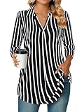 Siddhe Damen Bluse Tops Elegant Longbluse 3/4 Ärmel Oberteile V-Ausschnitt Tunika T-Shirt A-Linie Locker Arbeit Longshirt Lässige Business Shirt Mode Hemd Büro Damenblusen,Schwarz-Gestreift XXL