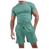MINYING Trainingsanzug für Herren, Sport, 2-teilig, gestreiftes T-Shirt, kurzärmlig, Jogging-Set für Herren, Revers, T-Shirt, Shorts, Trainingsanzug-Set, 08 - Grün, S