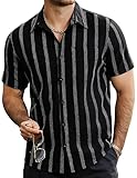 VATPAVE Herren Sommer Gestreifte Hemden Button Down Kurzarm Vintage Strand Hawaii Hemden mit Tasche 3X-Large Schwarz