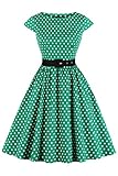 AXOE Damen Rockabilly Kleider 50er Jahre Baumwolle Gürtel Grün Hintergrund Weiß Polka Dots, Gr.44, XXL