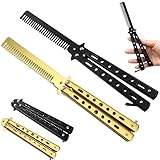 Schmetterlings-Kamm 2-teilig - Faltbarer Edelstahl-Butterfly-Taschenkamm, Haarstyling-Zubehör für Anfänger - Schwarz und Gold