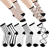 Ouligay 6 Paar Söckchen Damen Durchsichtige Socken Transparente Schwarz Trachtensocken Kurze Gepunktet Gestreift Kariert Rutschfeste Söckchen Dünn Netz Sommer Rüschen Socken für Damen Mädchen