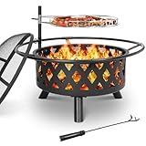 Feuerschale mit Drehbarem Grillrost, Feuerschale Groß, Feuerschalen für den Garten mit Funkenschutz, Ø 76 cm Feuerkorb mit Schürhaken, BBQ Feuerstelle Outdoor, Multifunktional Fire Pit