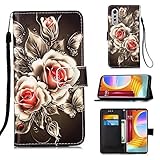 Handyhülle für LG Velvet 4G/5G/G9 Velvet Hülle -Schutz aus PU Leder LG Velvet 4G/5G/G9 Velvet Schutzhülle Flip Case Klapphülle Handytasche für LG Velvet 4G/5G/G9 Velvet-Black Bottom Roses