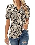 EFFAN Tunika Damen Sommer Bluse Elegant Longshirt Kurzarm Longbluse Falten Elegante Oberteile Lässige Tops Loose Fit Longoberteile Blusen Für Frauen Blumen-Aprikose L