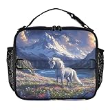 Isolierte Lunchbox, weißes Pferd in Blumenfeldern, wiederverwendbare Lunchtasche für Büro, Arbeit, Picknick