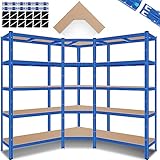 MASKO® 3er Set Regalsystem Metall Lagerregal 1x Eckregal & 2X Lagerregale 15 Böden | MDF-Platten Regal 2625 kg Werkstattregal Kellerregal Garage Schwerlastregal Steckregal, Blau