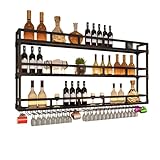 An der Wand montierte schwebende Weinbarregale mit LED-Licht, Schnapsflaschenanzeige und hängendem Glashalter, Küchenwandregal, Barschrank für Zuhause, Café, Restaurant (schwarz)