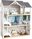 Small Foot Puppenhaus Stadtvilla aus Holz, mit 3 Etagen, offener Front und 12 Möbeln, für Kinder ab 3 Jahren, 11802, Weiß Grau