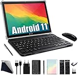 Tablet 10 Zoll Android 11,FEONAL 4G LTE Tablet PC Mit 2 SIM Slot 4GB RAM 64GB ROM 128GB TF Mit Tastatur Maus Stift OctaCore 1080P FHD Face ID 6000mAh 13 MP Kamera Bluetooth WiFi GPS OTG-Schwarz