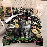 Bettdecke 240X220 Gartenkatte Druck 4 Jahreszeiten Bettdecken,Quilted Steppbettdecke 200Gsm Mikrofaser Füllung Steppdecke Bettdecke Waschbar Antiallergisch Decke Mit 2 Kissenbezüge