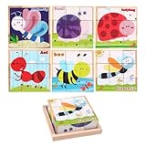 Puzzlewürfel aus Holz, Puzzlewürfel aus Holz, Puzzlewürfel mit 6 Mustern, Puzzlespiele aus Holz mit Aufbewahrungsschale für Jungen und Mädchen von 3 bis 6 Jahren
