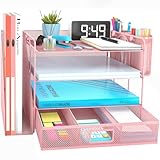 Schreibtisch Organizer mit Aktenhalter, 4 Ebenen Papier Briefablage mit Schublade und 2 Stifthalter, Netz Schreibtisch Ablagefächer Organiser mit Zeitschriftenhalter für Bürobedarf Dokumentenablage