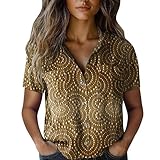 Damen Bluse Kurzarm V-Ausschnitt Blumenmuster Hemdbluse Vintage Boho Shirt Sommer Oberteile Knopfleiste Freizeit Bluse Elegant Tunika Blumen Druck Hemd Retro Ethno-Stil Dunkelblau