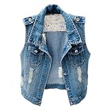 Kedera Damen Jeansweste Denim Klassisch für Junioren Zum Zuknöpfen Kurze Jeansjacke Im Used-Look Ärmellos Jumpsuit Damen Anime Hoodie Kinder Wasserdicht Sportjacke Größen Übergangsjacke