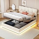 CDQL Polsterbett Doppelbett, Samt-Polsterbett mit LED-Leuchten, Hydraulisches Stauraumbett, Lattenrost, Gästebett, Jugendbett mit Stauraum, Ohne Matratze, Beige (160 * 200cm)