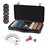 PLAYWUS Pokerset inkl. 2X Pokerdecks, 5X Würfel, Dealer/Small Blind/Big Blind Button, Pokerspiel Alu Pokerkoffer Laser Pokerchips Set, Kartenspiele Aluminium Kasino (300 Chips/Schwarz)
