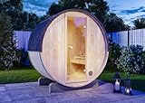 FinnTherm Fass-Sauna Mini XXS, 194 x 130 x 194 cm Gartensauna, Outdoor Sauna mit 42 mm Wandstärke, inkl. Montagematerial, Glastür aus Sicherheitsglas, 2-3 Personen, inkl. Dachschindeln, Außensauna