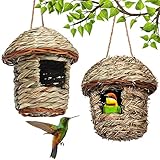 2 Stück Gras Bird Nest, Vogelnest Gras, Handgewebte Vogelhäuser, Vogelnester, Kolibri-Haus für Draußen Aufhängen, Verschleißfest Hängender Vogelnest, für Papageien, Kanarienvögel, Amseln