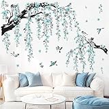 wondever Wandtattoo Baum Ast Blüten Groß Wandaufkleber Hängende Blumen Blau Wandsticker Wanddeko für Wohnzimmer Schlafzimmer Sofa Hintergrund