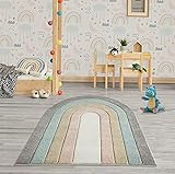 the carpet Monde Kids Moderner Weicher Kinderteppich, Weicher Flor, Pflegeleicht, Farbecht, Lebendige Farben, Regenbogen, Bunt, Anthrazit-Blau-Gold-Mix, 133 x 150 cm, Oval