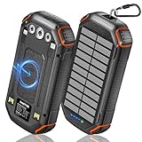 WASTDE Wireless Solar Powerbank 26800 mAh mit 3 Kabeln, Solar Powerbank USB-C 15 W Schnelles Aufladen 4 Ausgänge 3 Eingänge für Handy, Solar Ladegerät Outdoor Externer Akku mit Taschenlampe