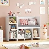 HOCSOK Kinderregal, 110 cm Spielzeugregal Kinderzimmer mit Kissen und 6 Ablagefächern, Kindersitzbank, Spielzeugaufbewahrung für Kinder, Weiß, 80,5×40×110cm