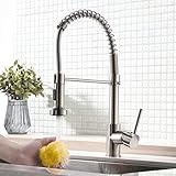 Küchenarmatur mit Brause ausziehbar - Spiralfeder Schlauch & 360° schwenkbar - matt gebürstetes Nickel Premium Design - Einhebel Mischbatterie & Pull-Down-Spray - Hochdruck Wasserhahn f. Spültisch