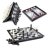 Schachspiel Magnetisch, Hoshin Schach/Dame/Backgammon 3 in 1 Set tragbare Faltbare Reise Magnetische Schachbrett für Kinder (25x25x2cm)