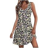 Dyhxuan Damen Sommerkleid Ärmellose Minikleid Blumendruck Strandkleid Kurz V-Ausschnitt Blumendruck Lässige Tank Kleid Leichte Swing Kleider Kurz Freizeitkleid mit Tasche