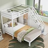 Pawom Multifunktionales Etagenbett 90x200cm + 120x200cm Mit Kleiderschrank, Aufbewahrungstreppe & Großen Stauräumen, Weiß, Massivholz + MDF, Ohne Matratze