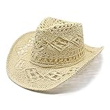 Cowboyhut Strohhut Unisex Western Style Hut Sommer Strohhüte für Herren Damen Leichte Sommerhut Cowgirl Hüte UV Schutz Westernhut Luftig Sonnenhut Strand Panama Sonnenhüte mit Cut Out