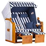 MR. DEKO® Strandkorb Ostsee Volllieger 2-Sitzer | PE Geflecht Weiß Bezug Uni blau | inkl. 4 Kissen & Klapptisch | Strandstuhl verstellbar | Strandkörbe aus Hartholz mit Fußablage (Dessin Blau Weiss)