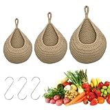 HOMURY 3 Stück Obstkorb Hängend: Handgewebt Hängekörbe mit 3 Haken, Baumwollegewebe Obstkorb, für Küche, Wohnen, Schlafzimmer(Klein, Mittel, Groß, Helle Hanffarbe)