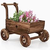 RELAX4LIFE Pflanzwagen Holz, Pflanzschubkarre mit Griffen & Rädern, Blumenwagen mit Abflusslöchern, Blumenkarre Vintage, Gartendeko für Garten Hinterhof Balkon, 68 × 38,5 × 53,5 cm, Rustikales Braun