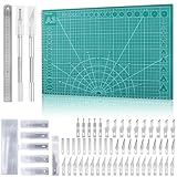 Miuzei Schneidematte Set A3 mit 55stk Bastelmesser und Stahllineal,Selbstheilende Bastelunterlage Schneideunterlage Cutting Mat Basteln Zeichenunterlage Bastelskalpell Bastelmatte (Grün)