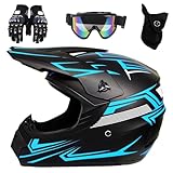 Motorradhelm für Jugendliche und Kinder, DOT-geprüft, Offroad-Motorrad-Crashhelm mit Schutzbrille, Handschuhen und Maske, Schutz für Kinder, Motocross, Offroad, Straße, Dirtbike, BMX, MX, ATV(905 Blue