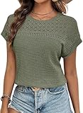 Chicrise Bluse Damen Elegant Kurzarm Spitzen Oberteile Häkel Rundhals Tshirt Sommer Grün XL Groß 46-48