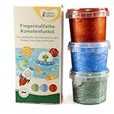GRÜNSPECHT Fingermalfarbe Glitzer Kometenfunkel, Fingerfarben Set für Kinder, 3 x 90 g, schadstofffrei, vegan, wasserlöslich, cremige Farben zum Basteln, blau, grün, kupfer (698-V3)