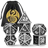 DND Metall Würfel Set, Drache Thema, 7-teiliges Polyedrisches Metall Würfel, RPG, MTG, Rollenspiel Brettspiel Zubehör, D&D Geschenke, D20, D12, 2 D10 (00-90 und 0-9), D8, D6 und D4, Dunkel Silber