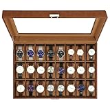 Uten Uhrenbox mit 24 Fächern, Uhrenbox mit Schlüsselschloss, Glasabdeckung, Uhrendisplay Aufbewahrungsbox für Damen und Herren, Braunes PU, Braunes Samtfutter, Geschenkidee