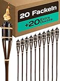 Praknu 20 Gartenfackeln für Draußen aus Bambus Holz Braun - Lange Brenndauer - Nachfüllbar - Ink. 20 extra Dochten - 90cm