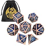 DND Metall Drache Würfel Set, 7-teiliges Polyedrisches Metall Würfel, RPG, MTG, Rollenspiel Brettspiel Zubehör, D&D Geschenke mit Geschenktasche, D20, D12, 2 D10 (00-90 und 0-9), D8, D6 und D4, Blau