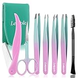 Pinzetten Set 7Pcs für Frauen - Präzisions Pinzetten mit Reiseetui - Edelstahlpinzette für Augenbrauen mit Schere, Rasiermesser, Spiegel für Eingewachsene Haare (Rosa/Blau)