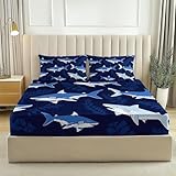 Spannbettlaken Set Cartoon Hai Seetang Weiche Atmungsaktiv 140 x 200 Microfaser mit 2 Kissenbezug Spannbetttücher für bis 25-30 cm Matraze Marineblau Weiß