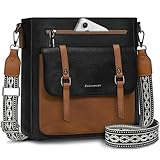RAINSMORE Umhängetasche Damen Mittelgroß Handtasche Damen Leder Crossbody Bag Damen-Umhängetaschen Schultertasche Handtaschen Damenhandtasche mit Breiten Schultergurten Schwarz und Braun