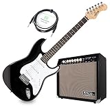 Shaman Element Series STX-100B E-Gitarre Verstärker Set - Macassar Griffbrett - ST-Bauweise mit 3 Single Coils - 30 Watt Gitarrencombo mit 2 Kanälen - 8' Speaker - Gitarrenkabel - schwarz