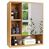 SMIBUY Badezimmerschrank mit Spiegel an der Wand montiert, Bambus-Aufbewahrungs-Organizer über der Toilette, platzsparender Medizinschrank mit 2 Türen und verstellbaren Einlegeböden (Natur)