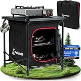 Polarheld Camping 2in1 Campingschrank & Campingtisch faltbar, klappbar - inkl. Tragetasche, Abdeckhaube & 3 Haken - Robuste Campingküche & Campingmöbel für Outdoor, Vanlife, Wohnwagen & Zelt