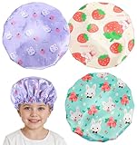 3 Stück Duschhaube Kinder, Shower Cap Elastische Wasserdichte Dusche Kappen mit Niedlichen Tierdrucken, Doppellagige Badehauben für Mädchen Und Jungen, Weich und Hautfreundlich